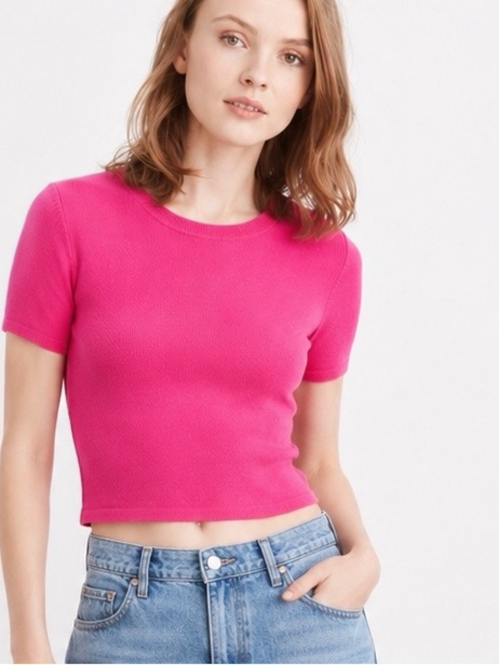 Zara Crop Pink Short-Sleeve Knit Top Small